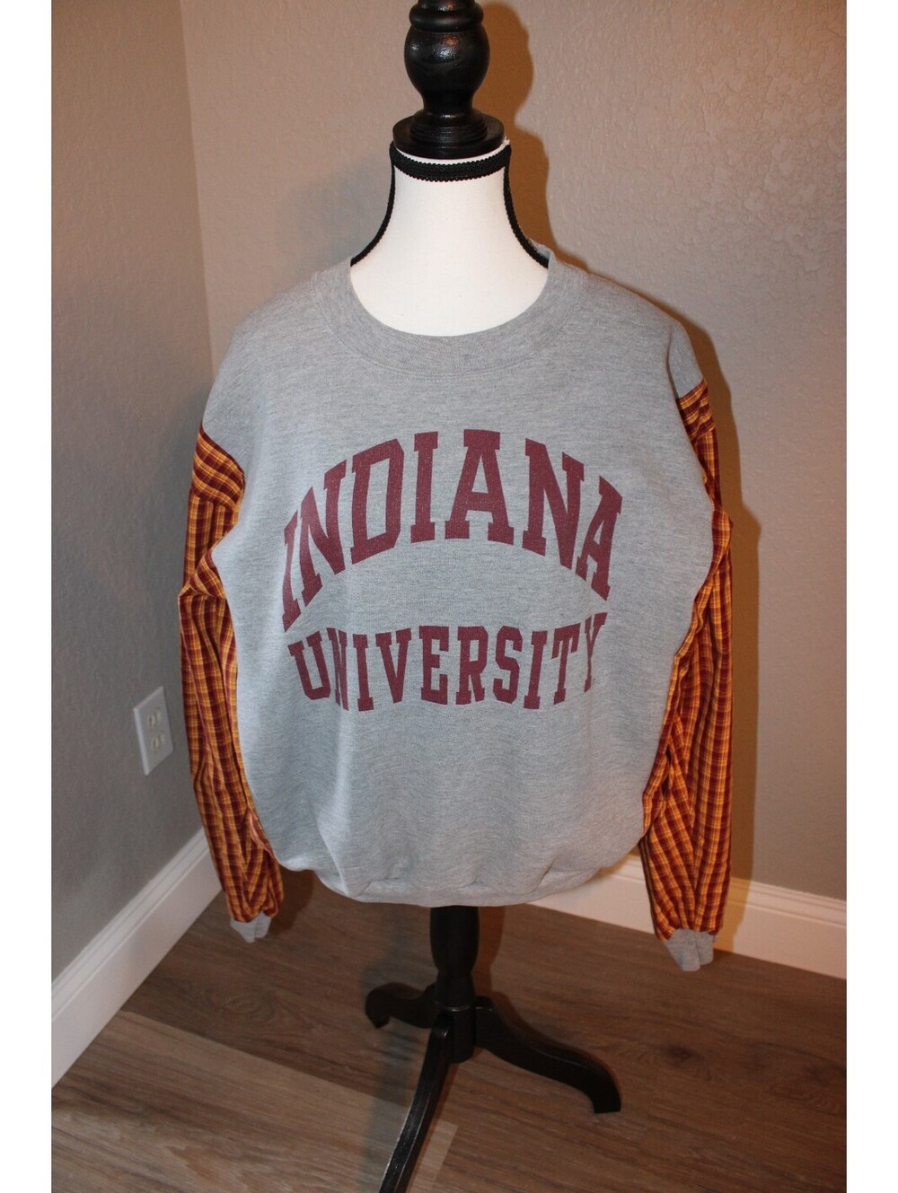 Indiana University Reworked Sweatshirt w/Plaid Sleeve Accents, Oversized Medium